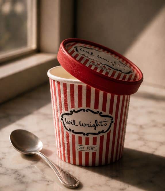 Open Wil Wright’s ice cream carton with spoon on marble