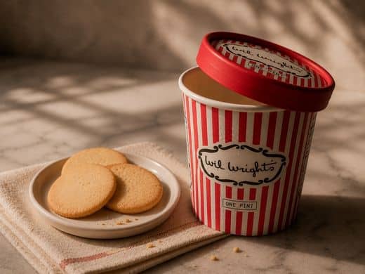 Open Wil Wright’s ice cream carton beside cookies on a linen napkin