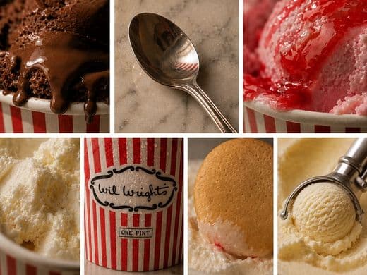 Collage of Wil Wright’s ice cream textures, spoon, carton, cookie, and scoop details
