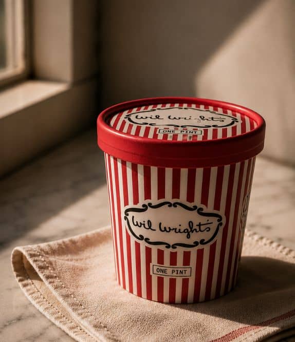 Wil Wright’s striped ice cream carton on linen and marble