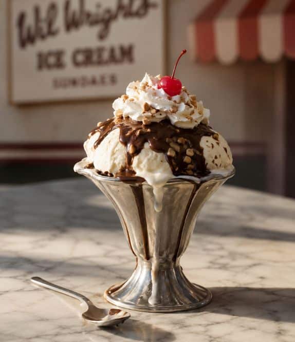 The Wil Wright’s Sundae in a silver dish with hot fudge, whipped cream, and cherry