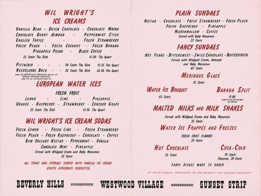 Original Wil Wright’s ice cream menu with sundaes, water ices, sodas, malts, and location text.