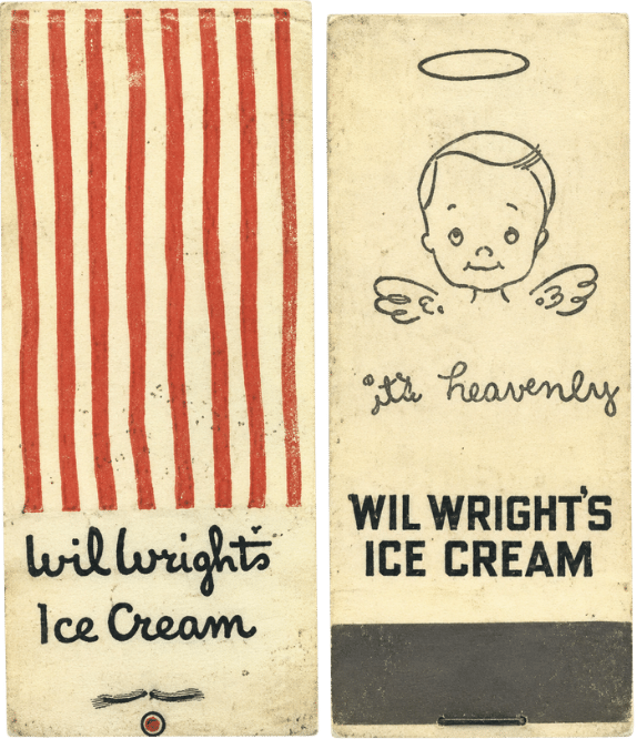 Pair of vintage Wil Wright’s ice cream matchbooks showing the signature stripe pattern, handwritten logo, angel mascot, and It’s Heavenly slogan.