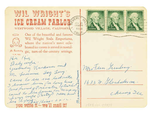 Vintage Wil Wright’s Westwood Village postcard with handwriting, postage stamps, mascot illustration, and hospitality branding.